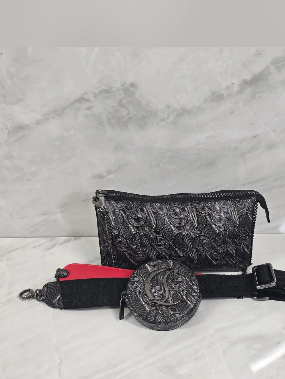 Christian Louboutin Black Embossed Leather Chain Shoulder Bag - Picture 2 of 14